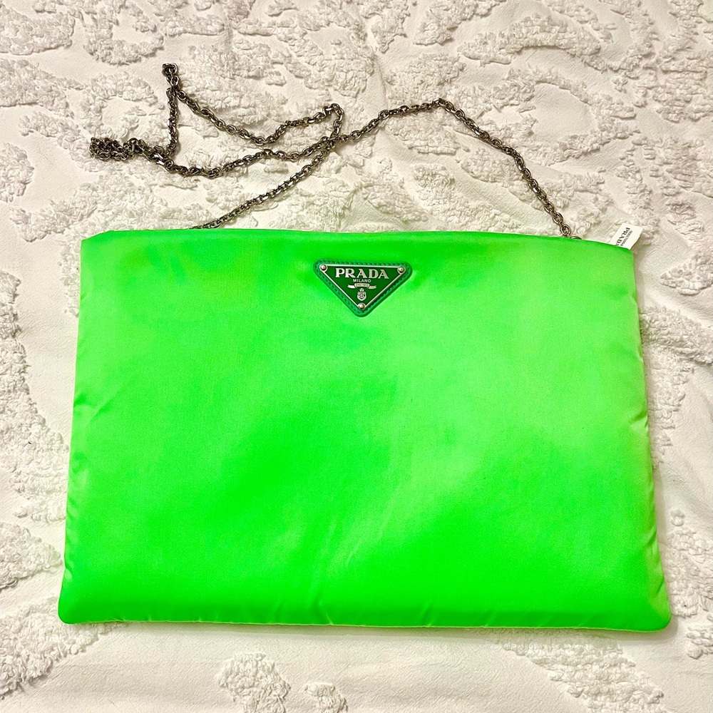 Prada Tessuto Fluo Green Clutch with Silver Chain Strap